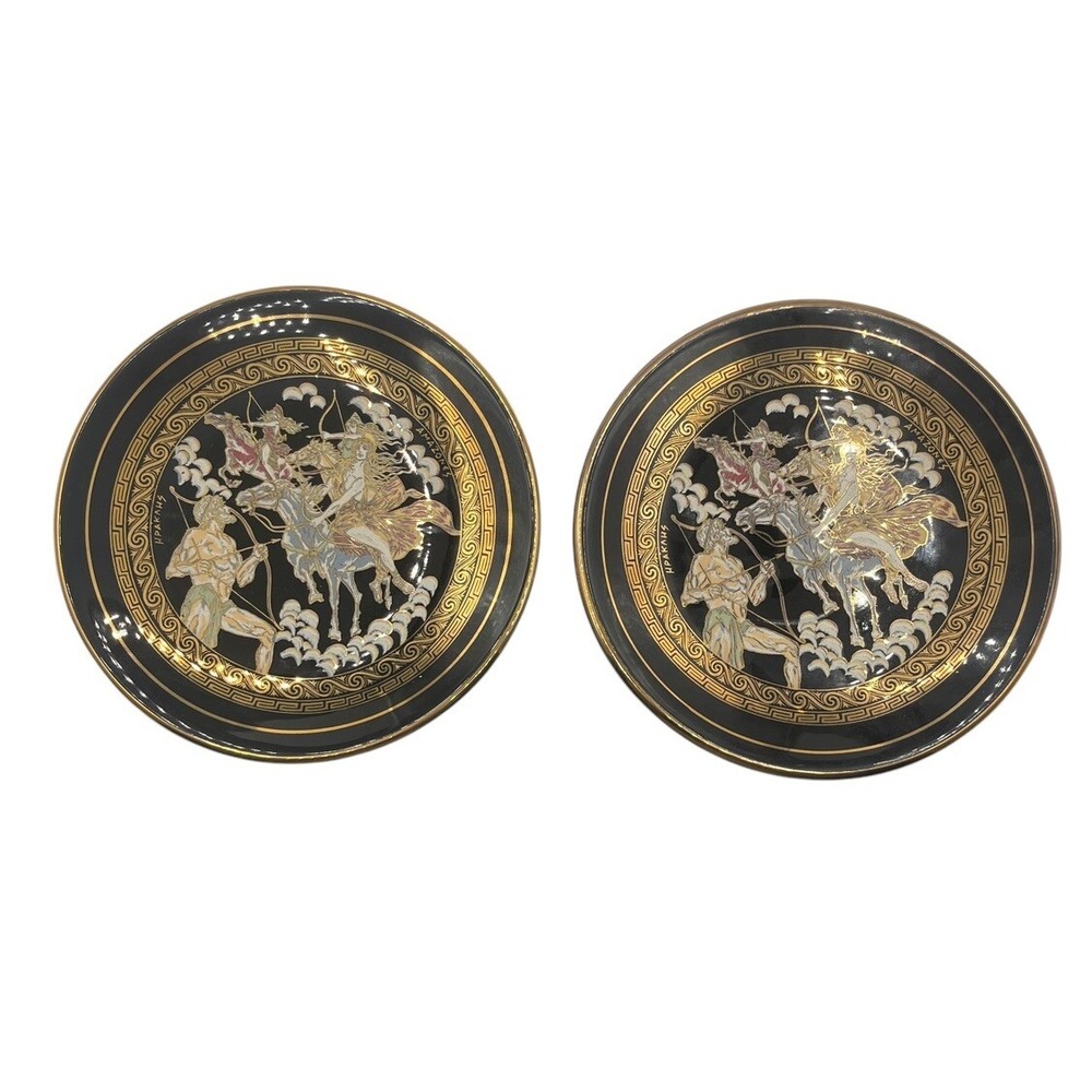 Two 6.75" Plate Hercules‎ & Amazons Greek Mythology Black Ceramic 24k Gold
